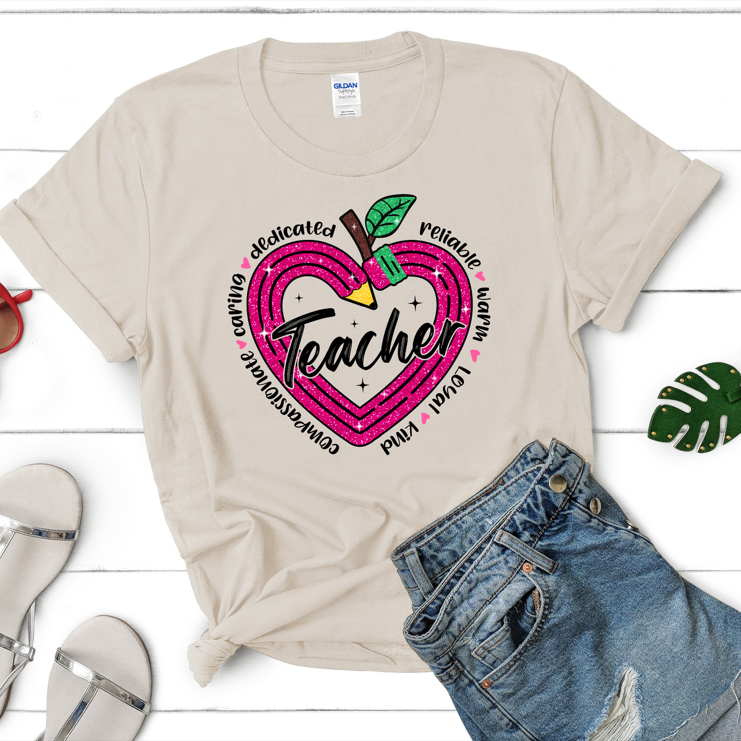Glitter Heart Teacher Shirt β Apple & Pencil Design on Gildan Cotton Tee