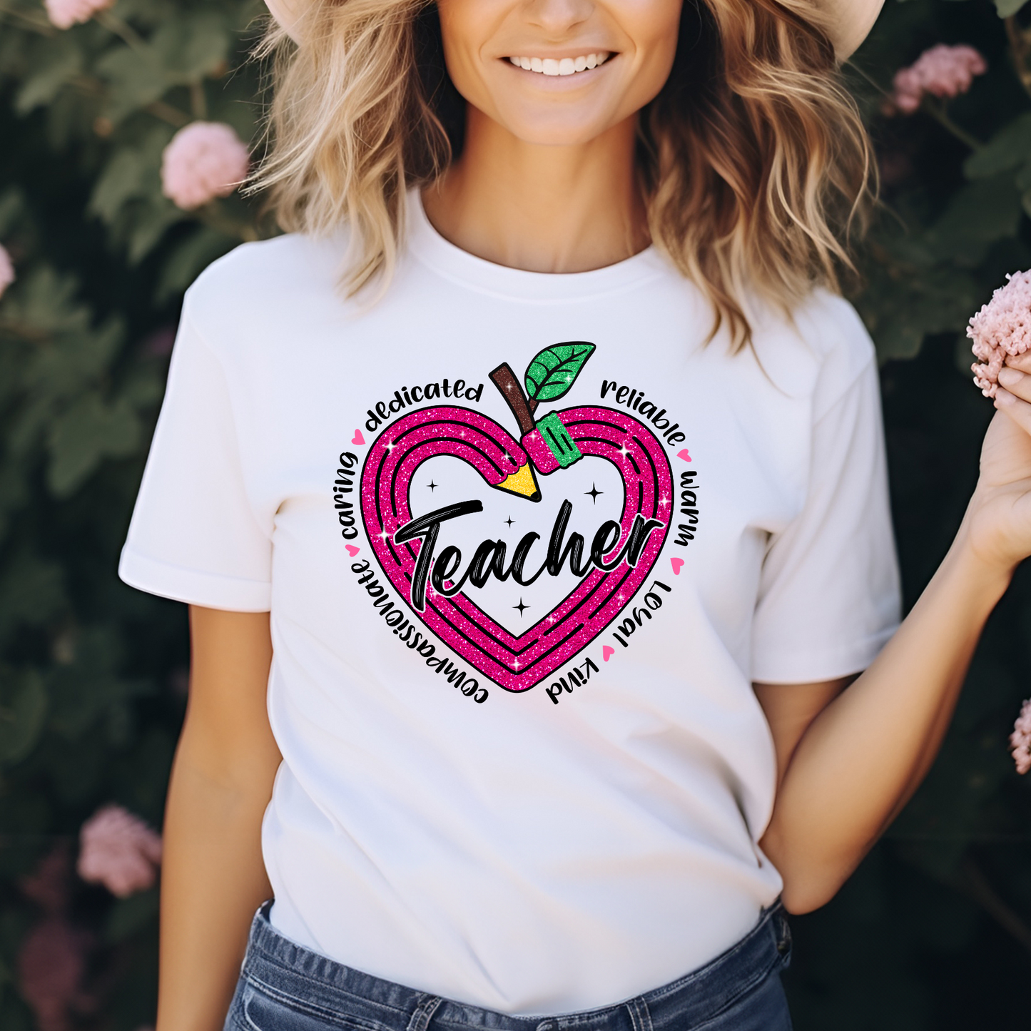 Glitter Heart Teacher Shirt β Apple & Pencil Design on Gildan Cotton Tee