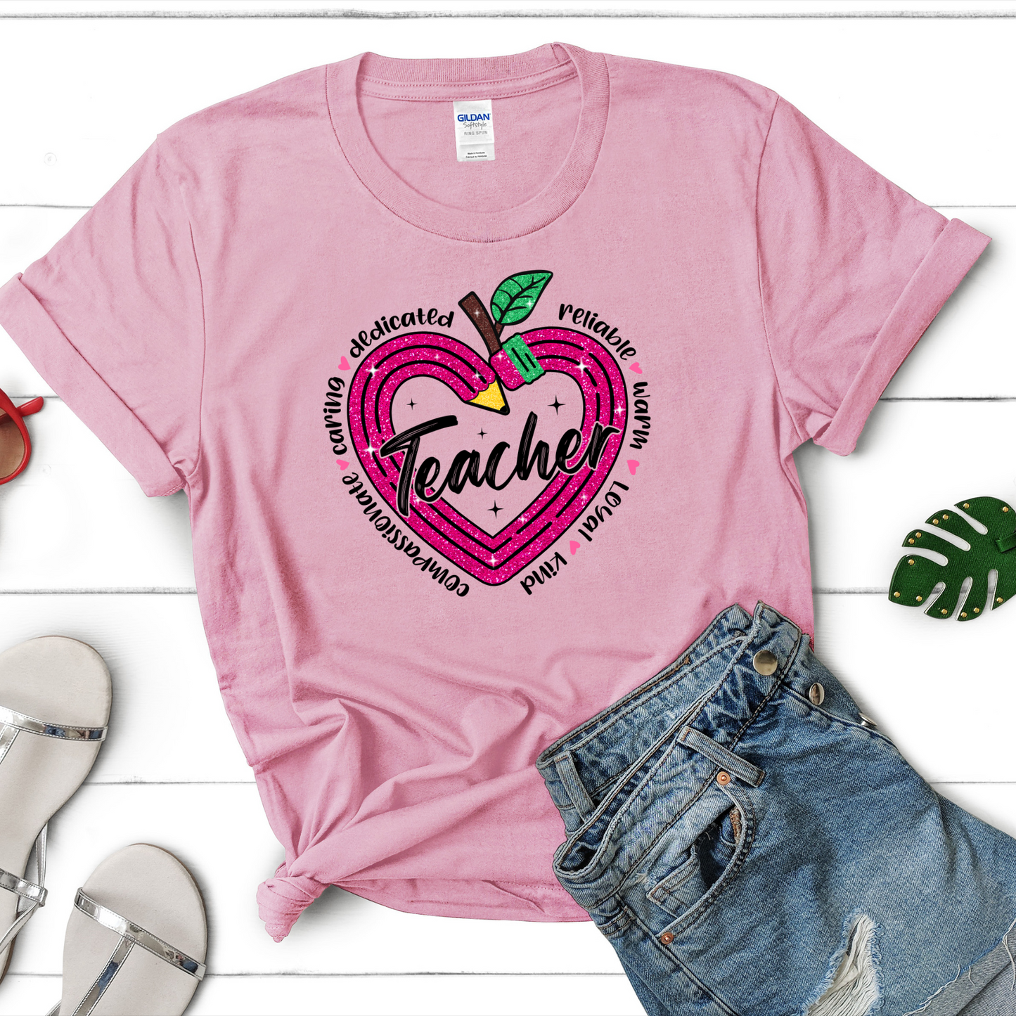 Glitter Heart Teacher Shirt β Apple & Pencil Design on Gildan Cotton Tee