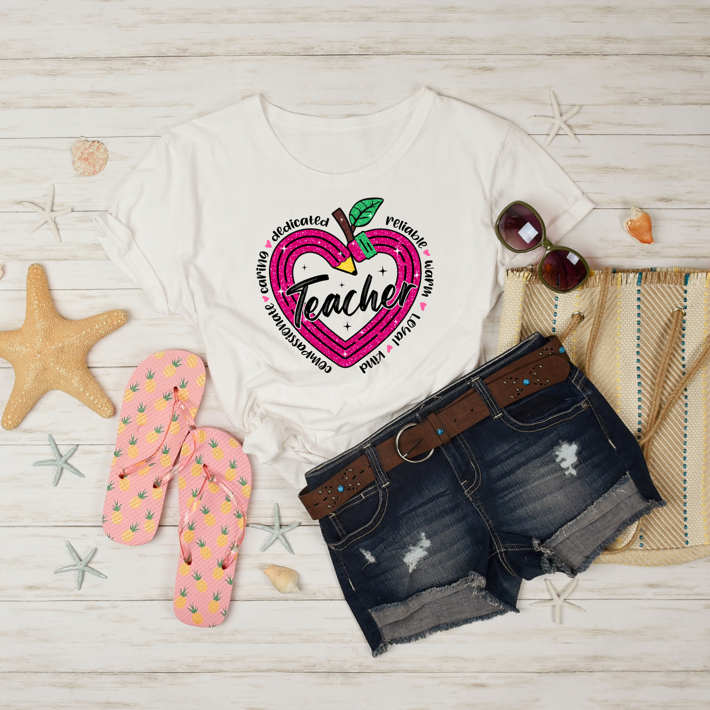 Glitter Heart Teacher Shirt β Apple & Pencil Design on Gildan Cotton Tee