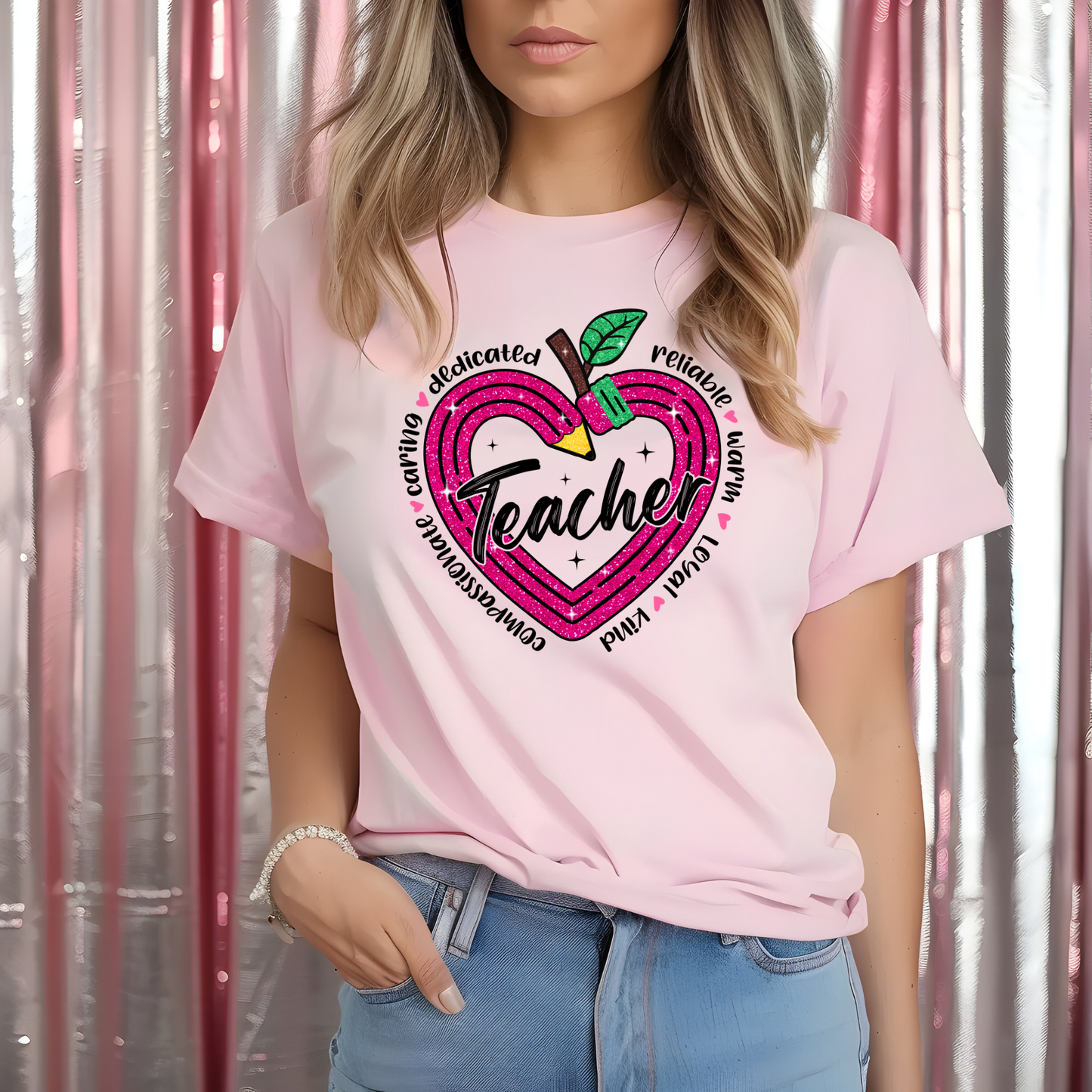 Glitter Heart Teacher Shirt β Apple & Pencil Design on Gildan Cotton Tee
