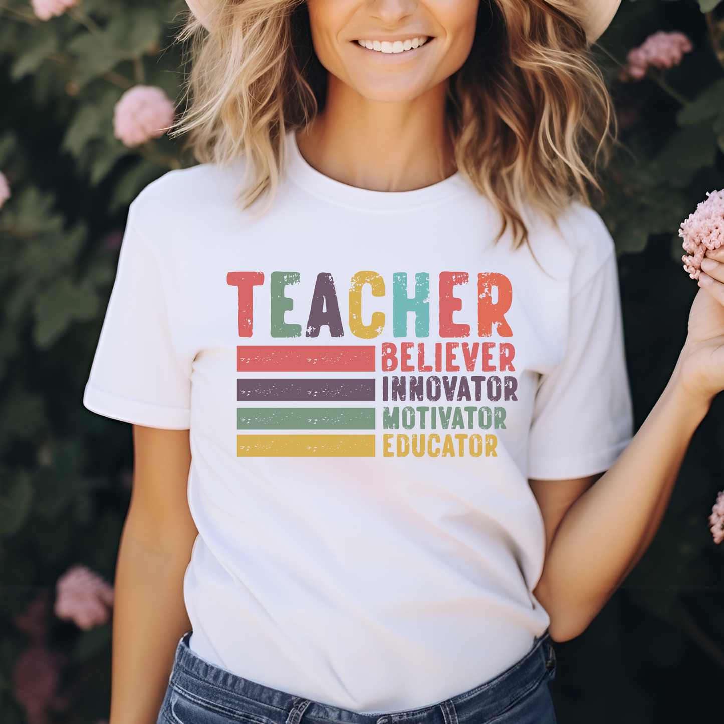 Colorful Teacher Role Shirt | Believer Innovator Motivator Educator Tee