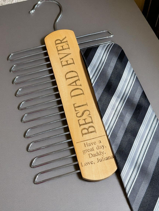 🎁 Personalized Wooden Tie Rack for Dad – "Best Dad Ever" Engraved Gift 🎉