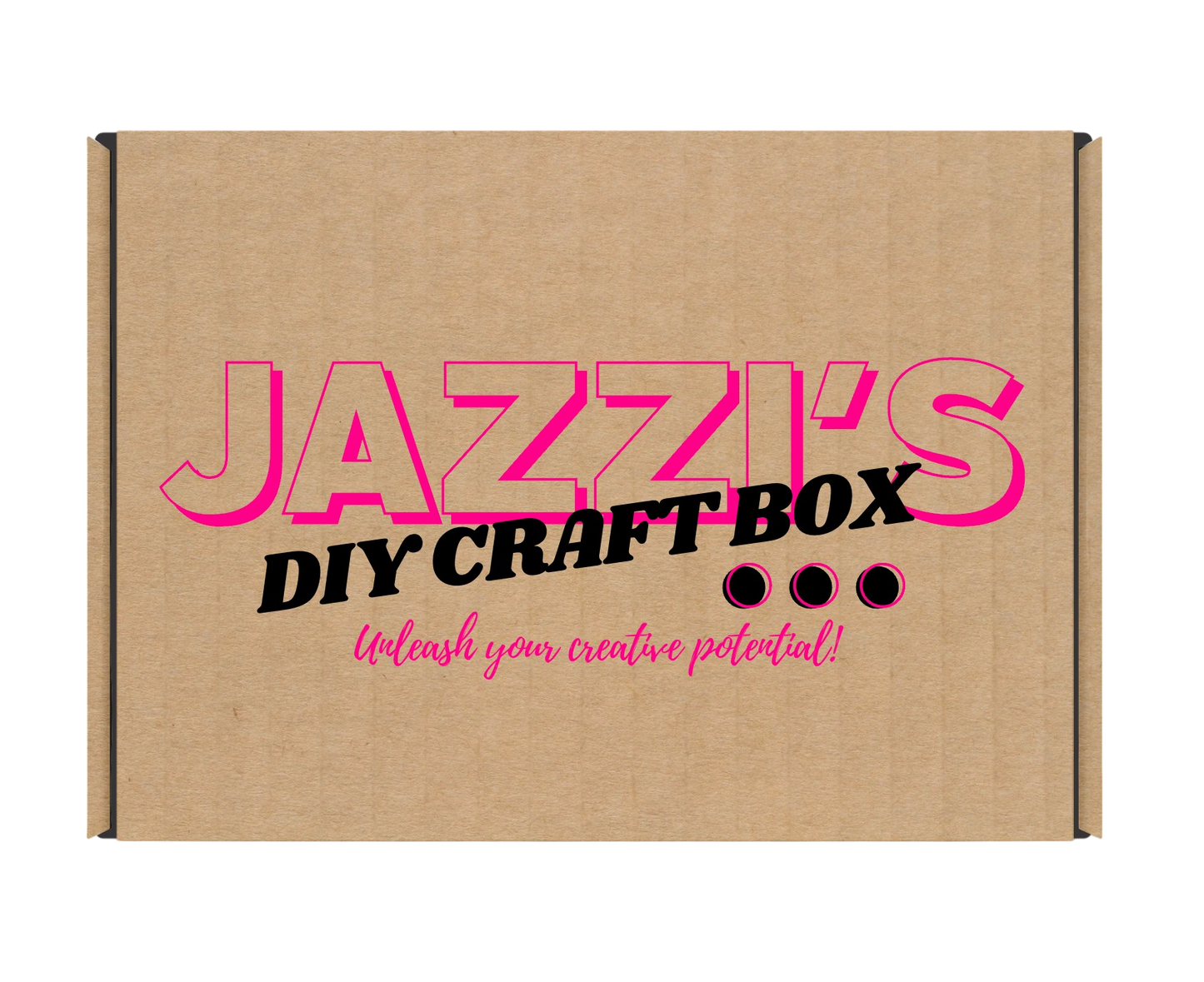 Jazzi’s DIY Craft Box branded packaging with slogan “Unleash your creative potential!” in pink and black text.