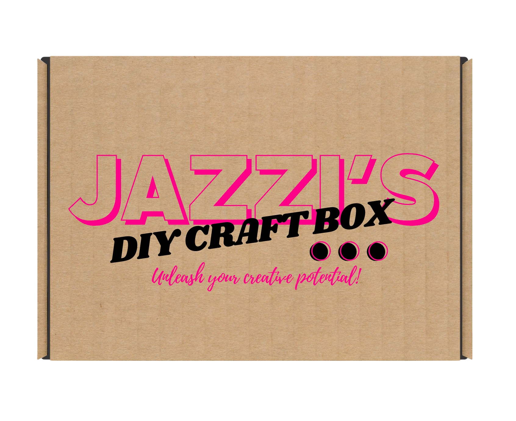 Jazzi’s DIY Craft Box branded packaging with slogan “Unleash your creative potential!” in pink and black text.