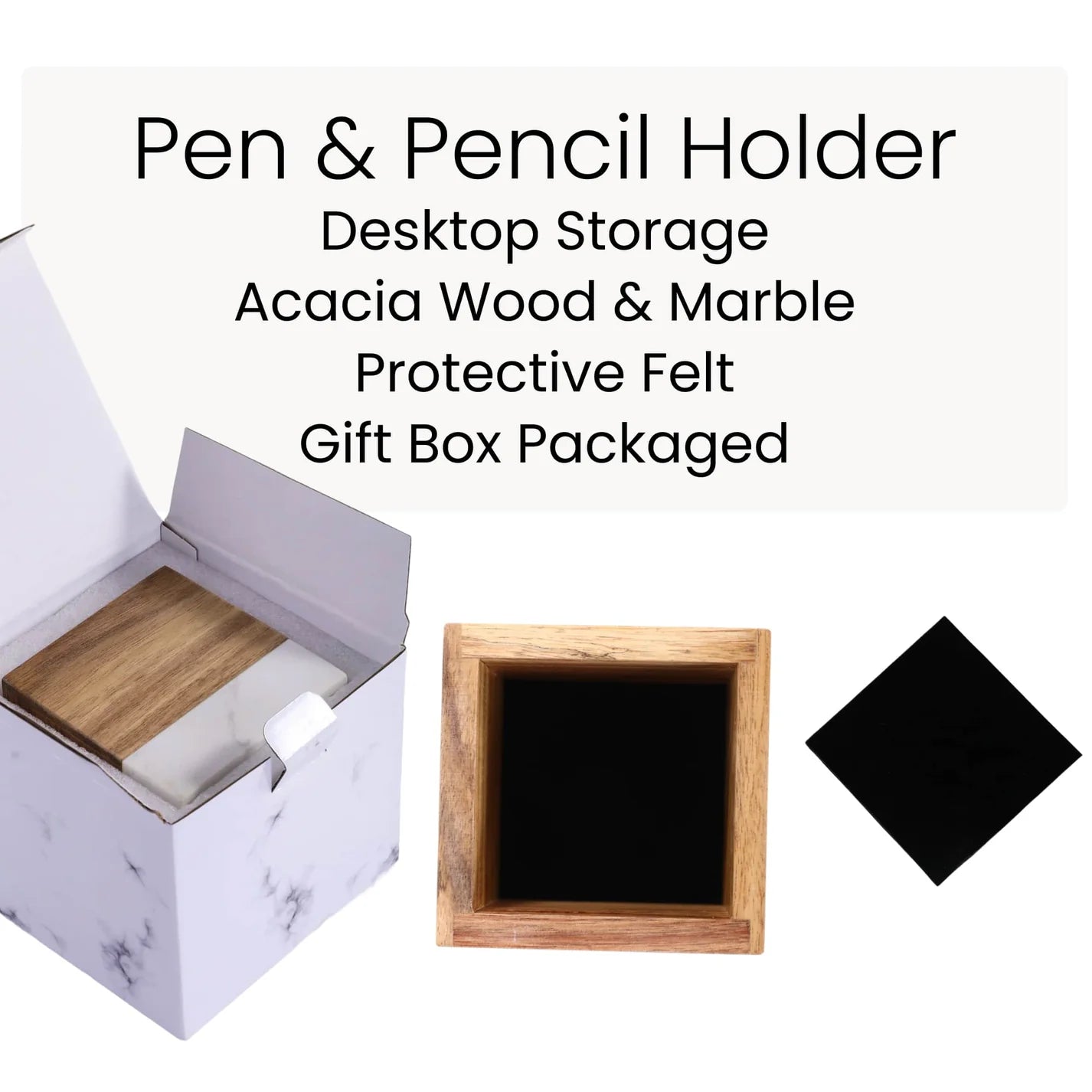 Gift boxed acacia wood and marble pen holder from Jazzi’s Creations with protective felt for corporate and client gifts