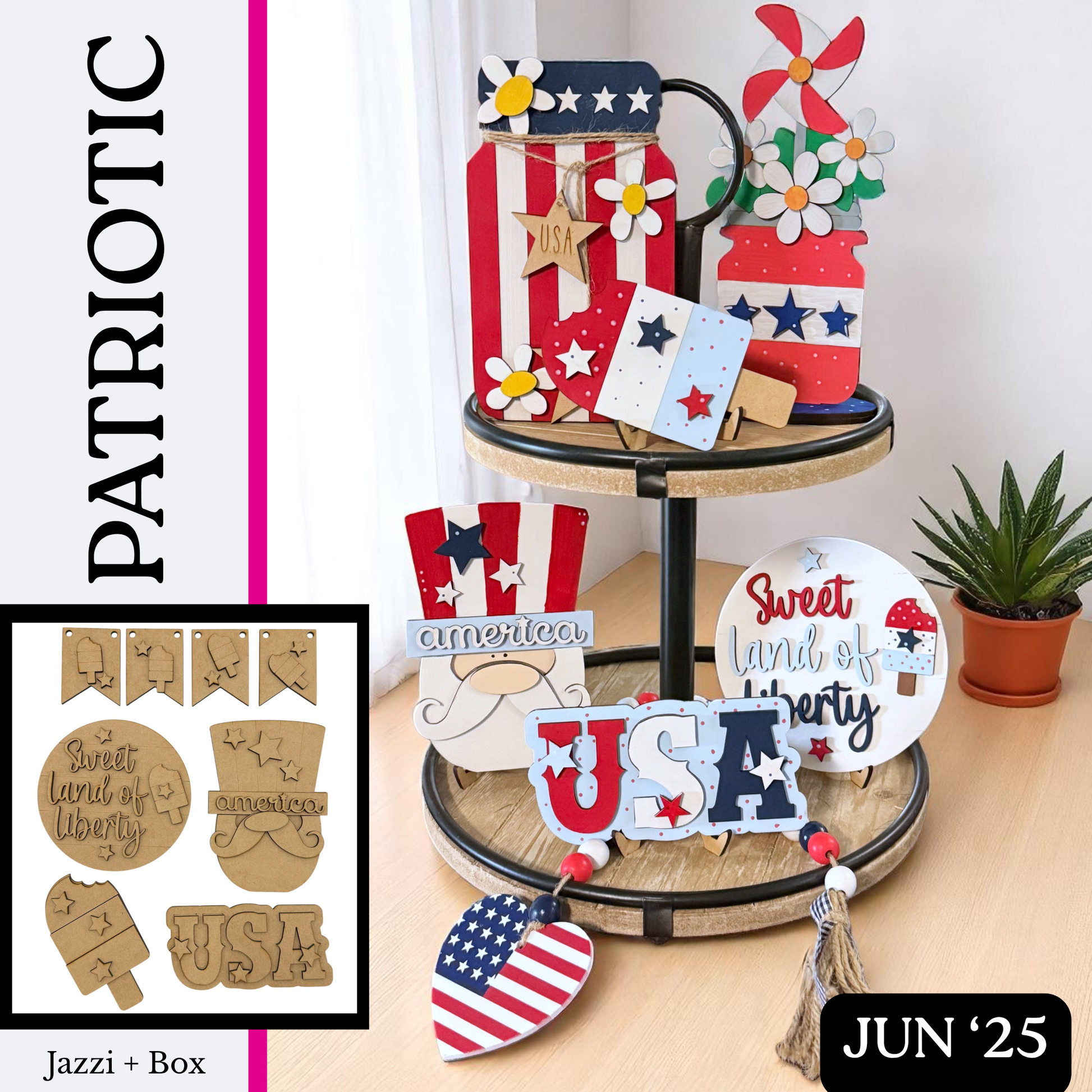 DIY Patriotic Tiered Tray Kit from the June 2025 Jazzi+ Box featuring red, white, and blue wooden decor pieces.
