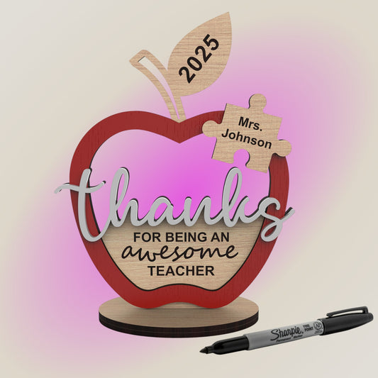 Personalized Wooden Apple Teacher Gift | Custom Puzzle Piece, 2025 Teacher Appreciation Desk Sign