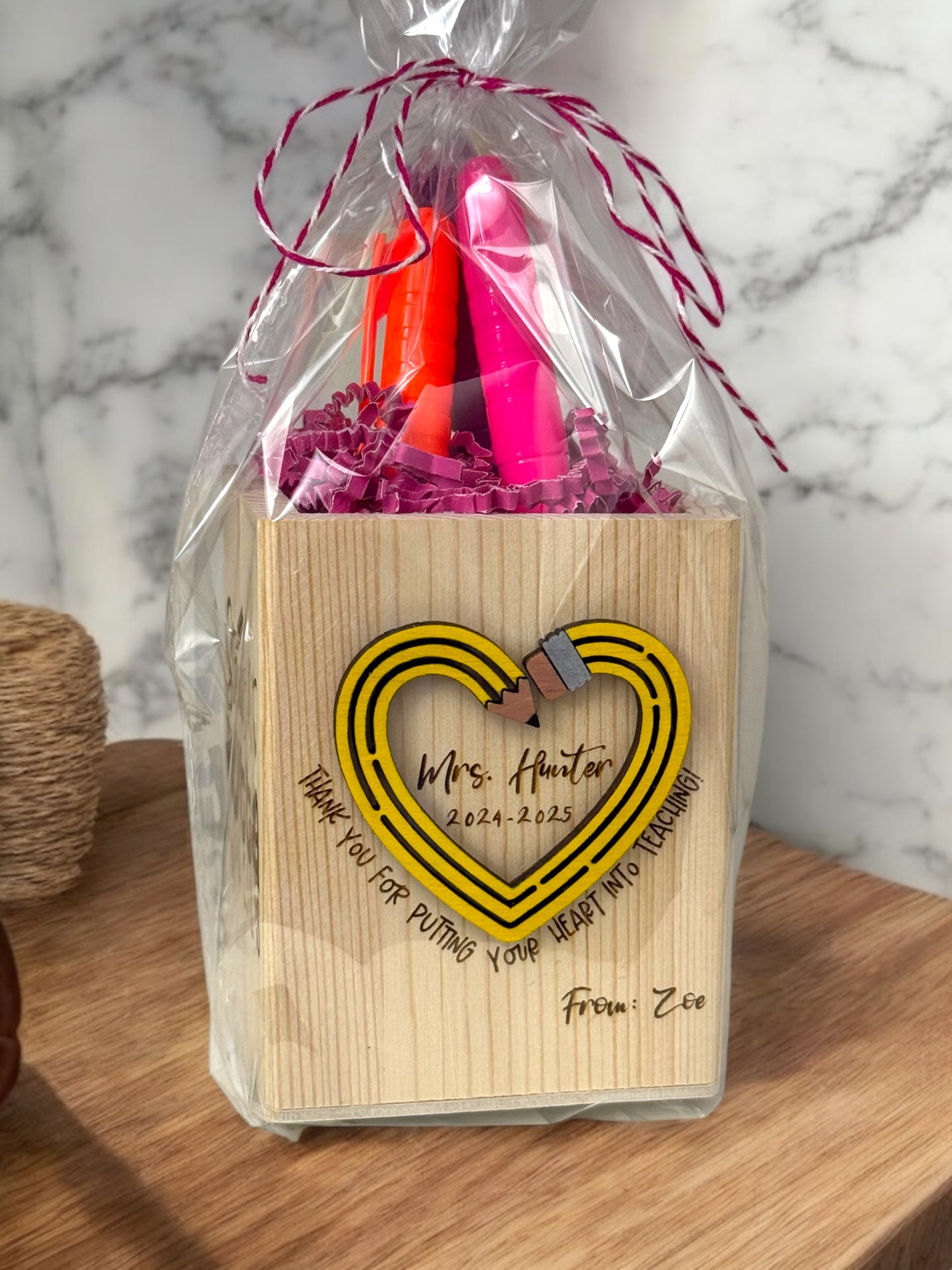 Personalized Teacher Pencil Heart Pen Holder | Custom Name Desk Organizer Gift for Teacher Appreciation