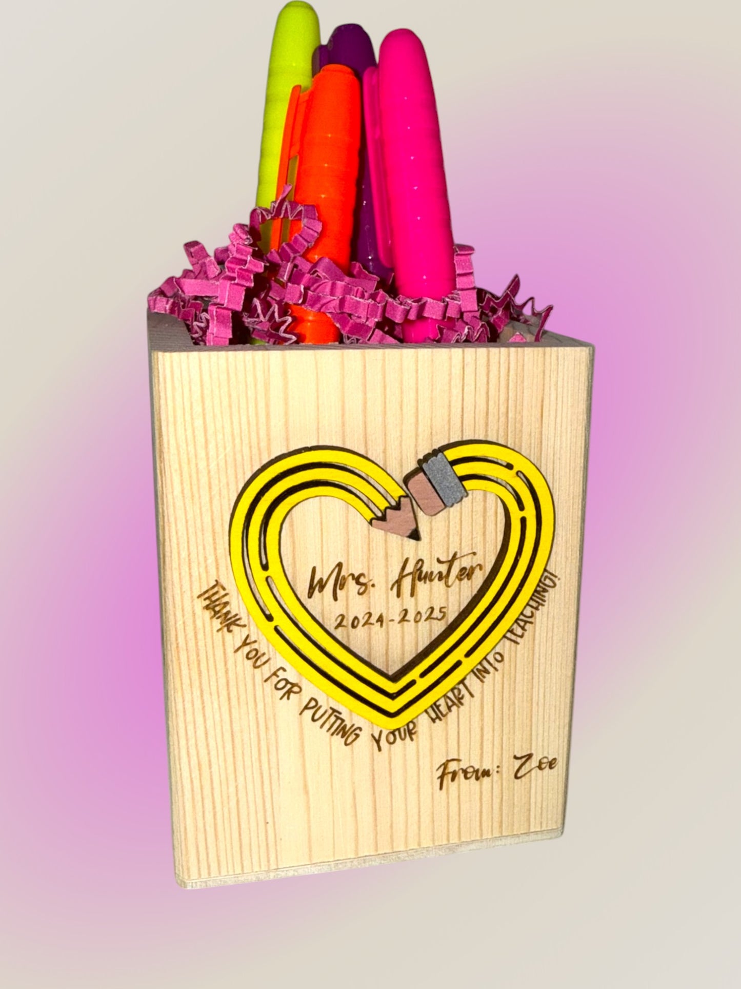 Personalized Teacher Pencil Heart Pen Holder | Custom Name Desk Organizer Gift for Teacher Appreciation