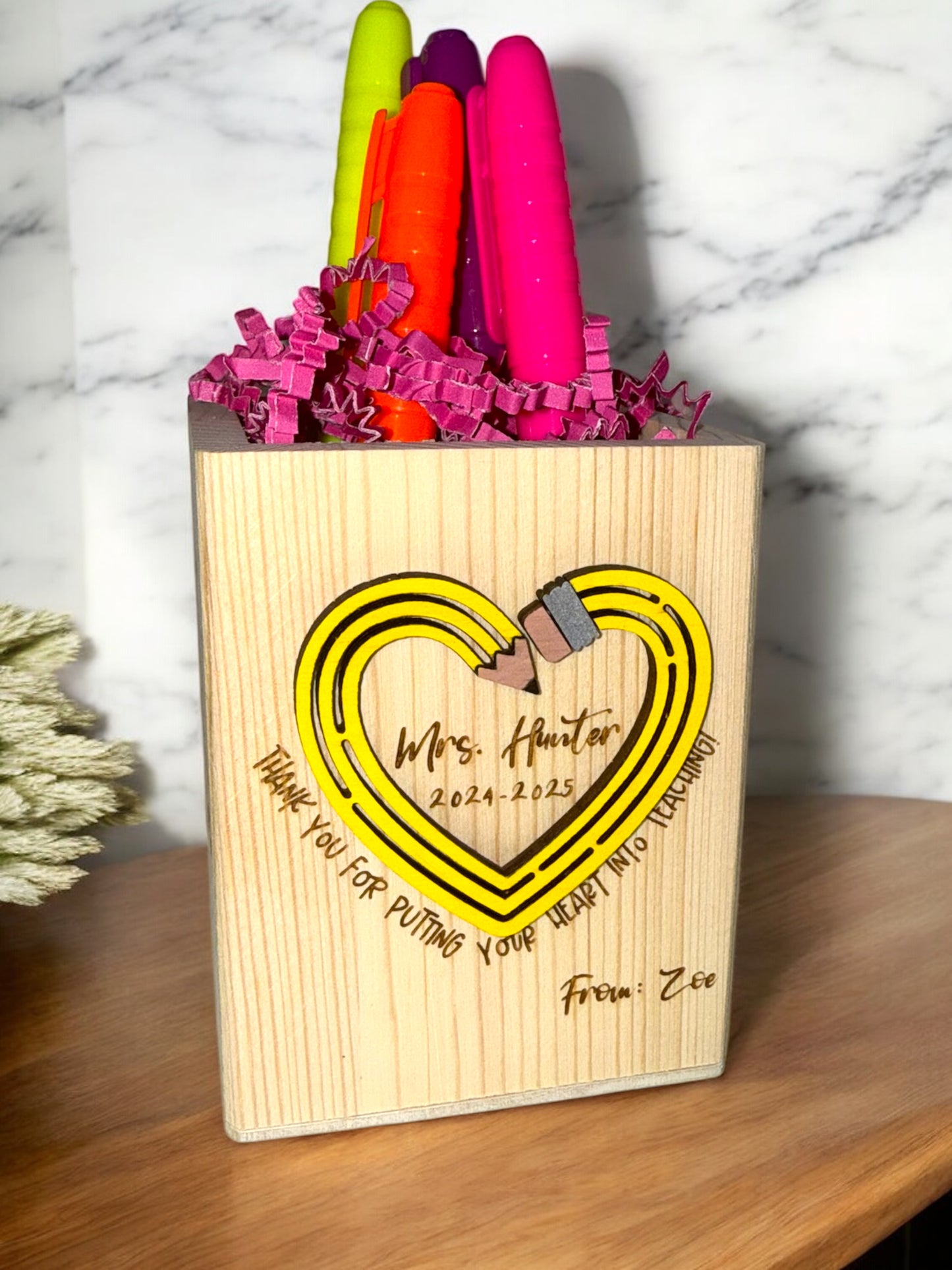 Personalized Teacher Pencil Heart Pen Holder | Custom Name Desk Organizer Gift for Teacher Appreciation
