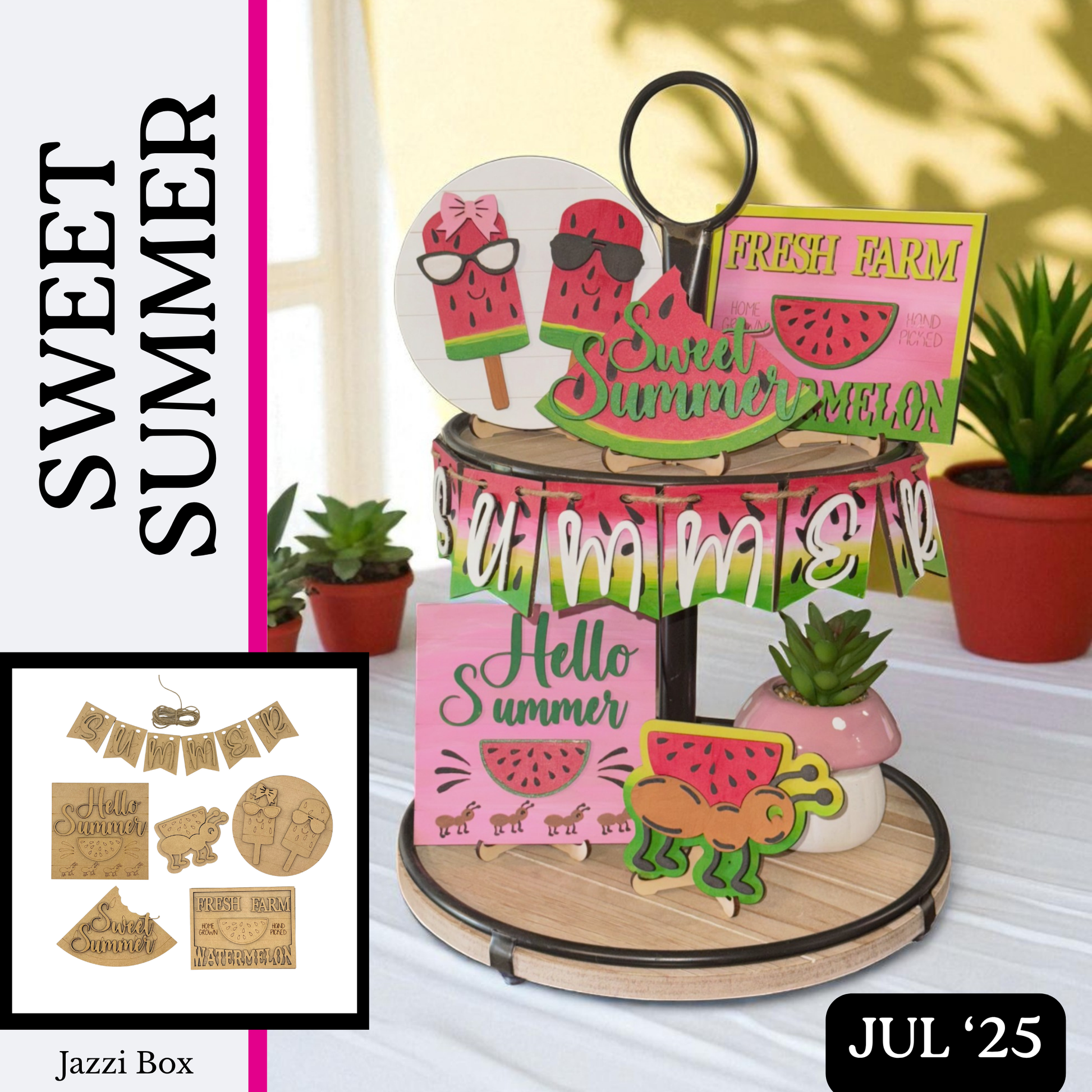 Sweet Summer tiered tray DIY kit from Jazzi Box July 2025 featuring watermelon-themed wood signs.