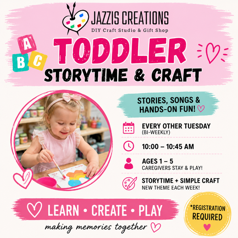 Colorful Toddler Storytime and Craft Workshop event flyer by Jazzi’s Creations in Orange Park, FL featuring bi-weekly toddler arts and crafts activities, storytime, songs, and hands-on creative fun for ages 1–5 with caregivers.