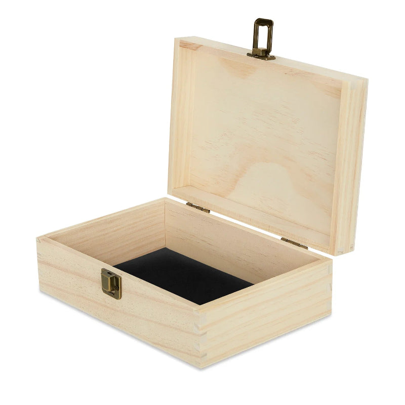 Unfinished wooden keepsake box with open hinged lid and latch closure for personalized graduation gifts and memory storage by Jazzi’s Creations