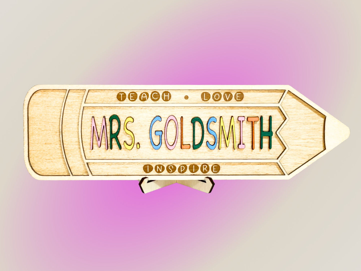 Personalized Wooden Pencil Teacher Name Sign | Custom Classroom Desk Decor Gift