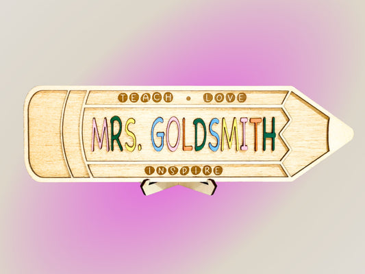 Personalized Wooden Pencil Teacher Name Sign | Custom Classroom Desk Decor Gift