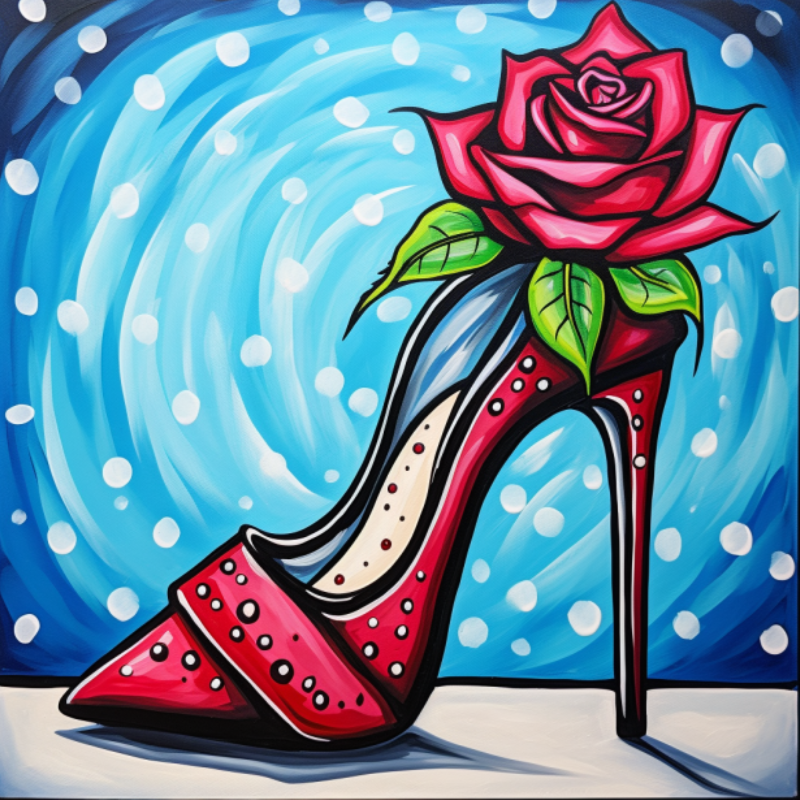 Red high-heeled shoes with a rose on a blue polka dot background at jazzis creations in orange park fl