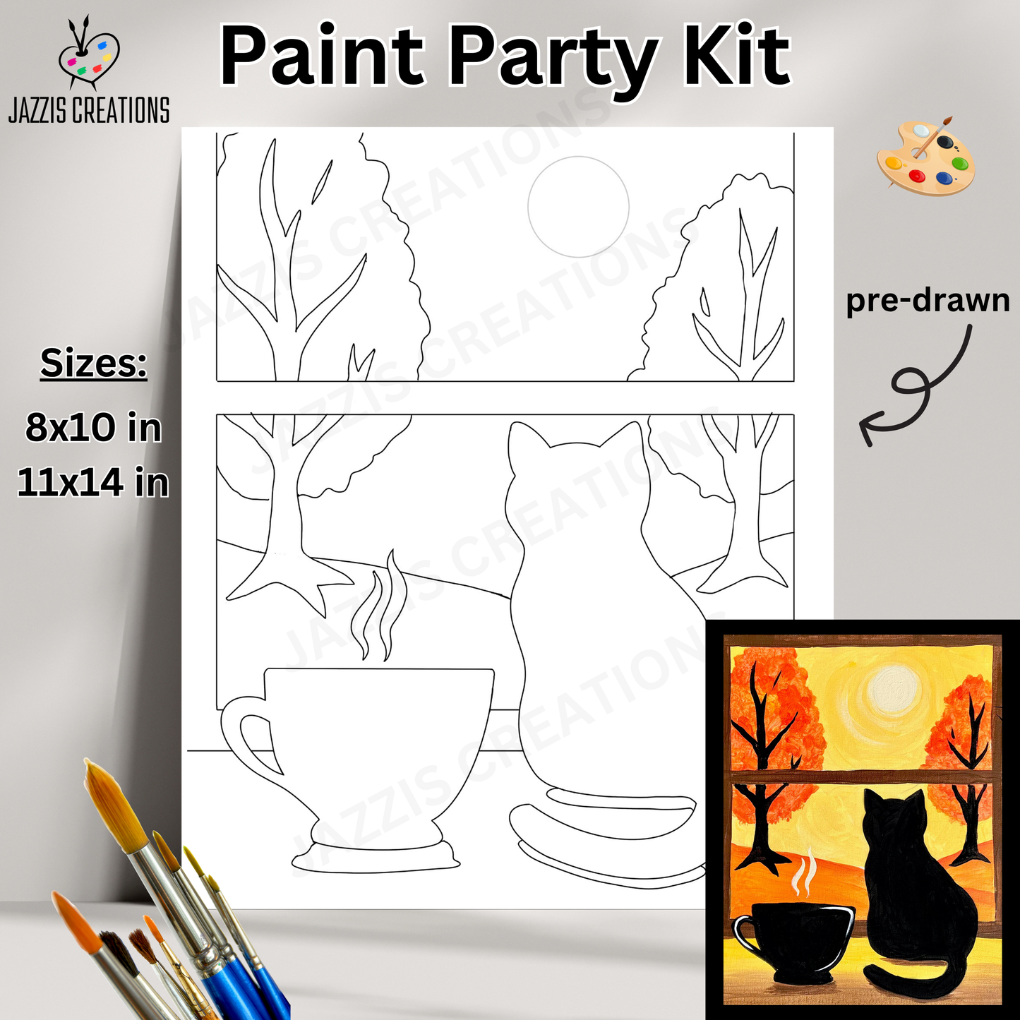 Paint Party Kit with pre-drawn outlines of a cat, cup, and trees, brushes, and a completed artwork.