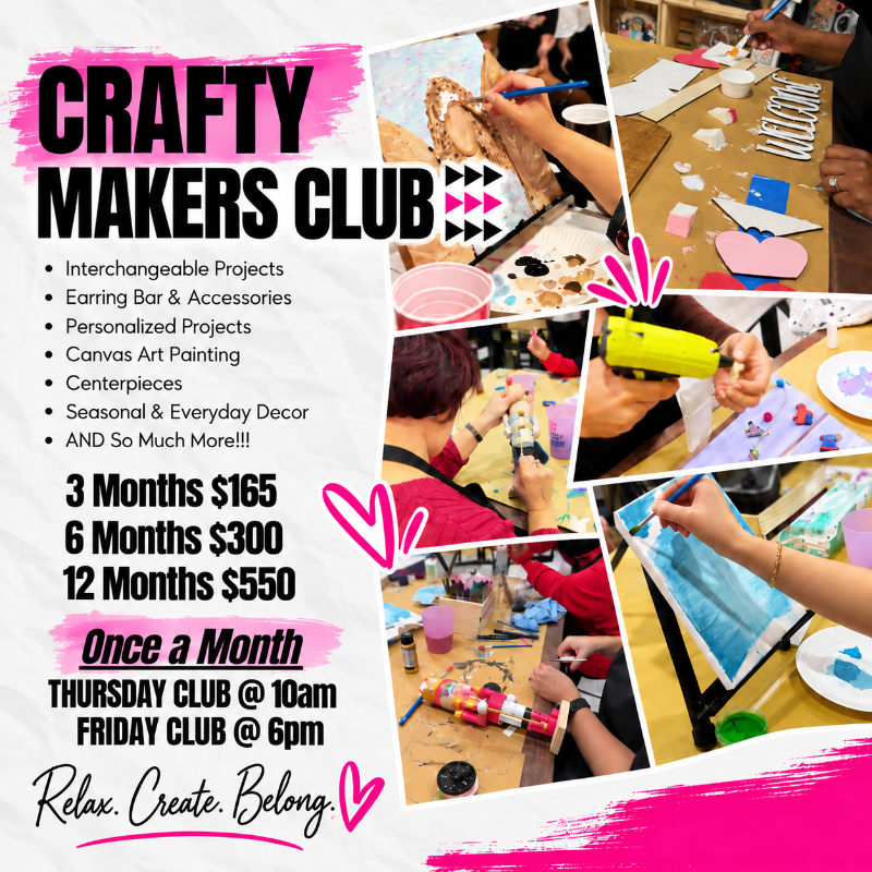 Crafty Makers Club monthly craft membership flyer for Jazzi's Creations in Orange Park, Florida, featuring photos of members painting, gluing, and crafting in the studio.