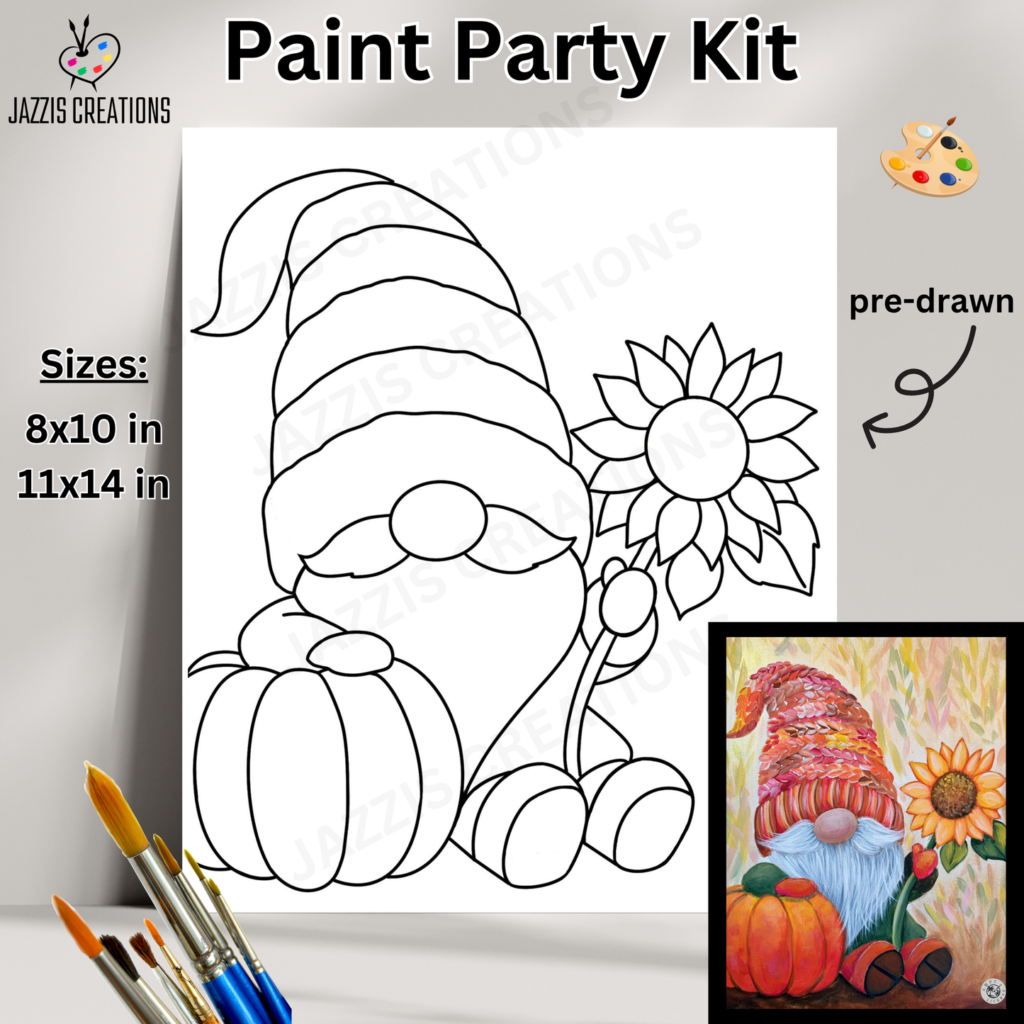 Paint Party Kit with pre-drawn gnome and sunflower design, paintbrushes, and completed artwork.