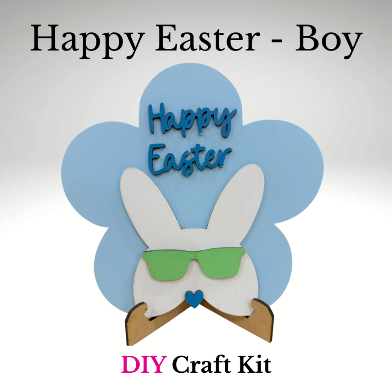 Boy Easter bunny DIY craft kit with blue flower background, sunglasses bunny design, and layered Happy Easter wood sign, unfinished and ready to paint at jazzis creations in orange park fl