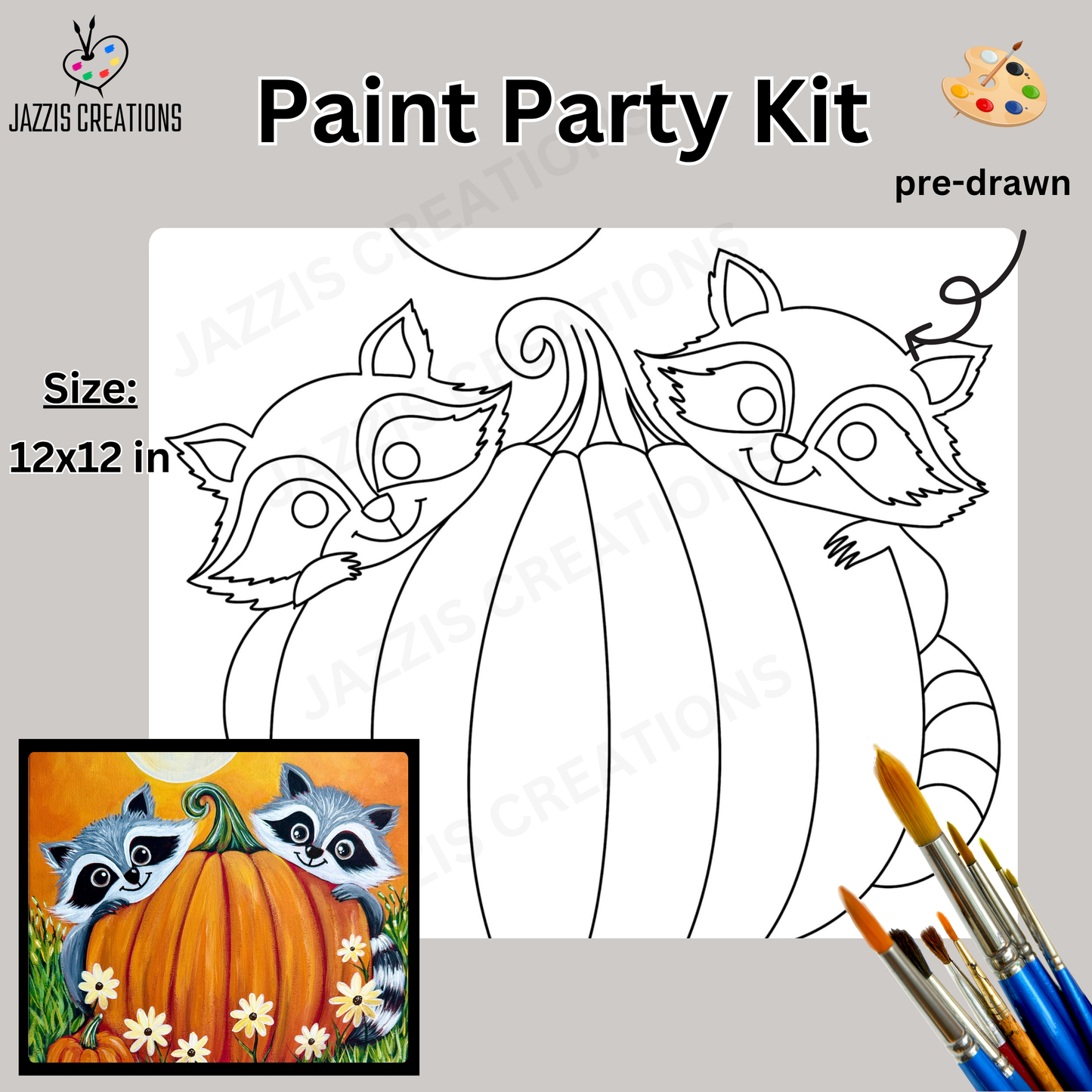 π¦ Raccoons & Pumpkin Paint Party Kit | 12x12 Pre-Drawn Canvas for Fall Fun