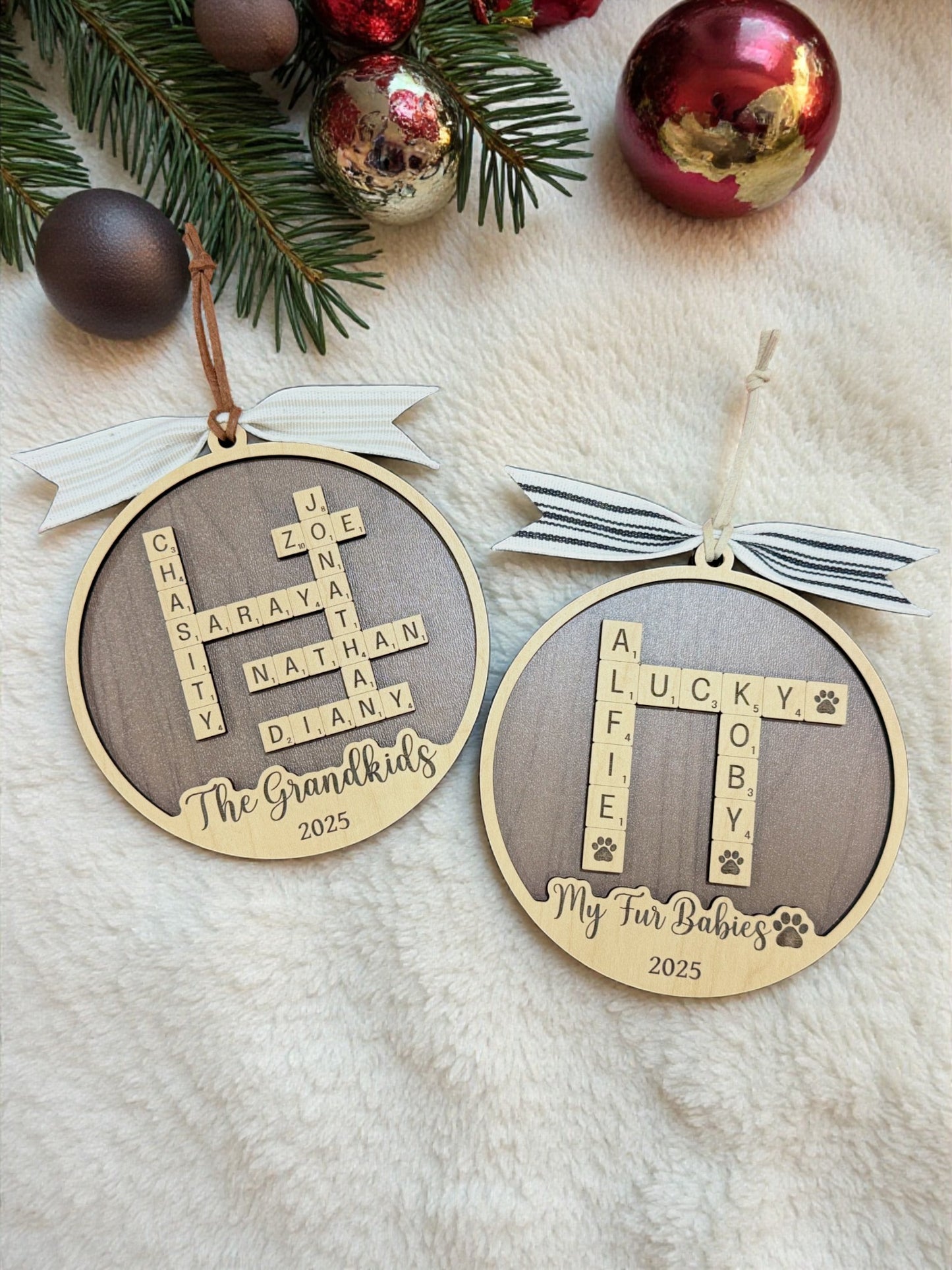 Personalized Scrabble Name Ornament – Custom Family or Pet Names, Up to 5 Names Included, 2025 Christmas Wooden Ornament