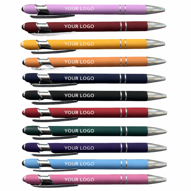 Row of multicolored pens with metallic accents on a white background at jazzis creations in orange park fl