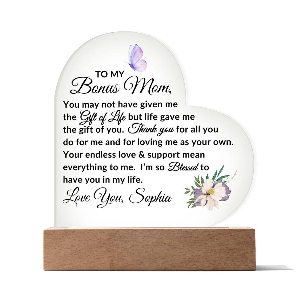 To My Bonus Mom LED Acrylic Heart Plaque