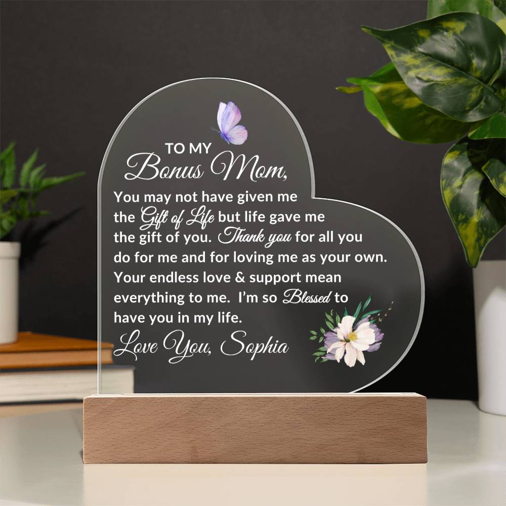 To My Bonus Mom LED Acrylic Heart Plaque