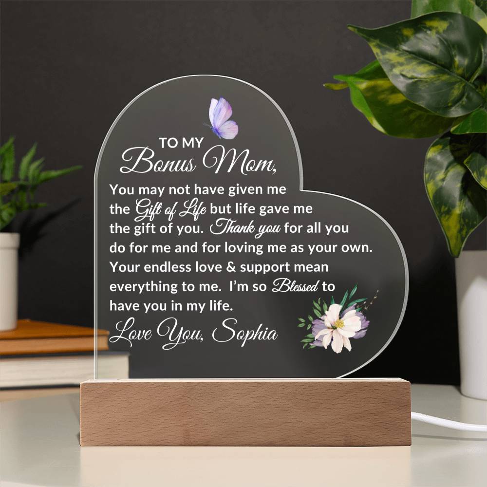 To My Bonus Mom LED Acrylic Heart Plaque
