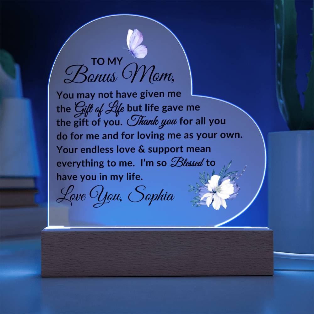 To My Bonus Mom LED Acrylic Heart Plaque