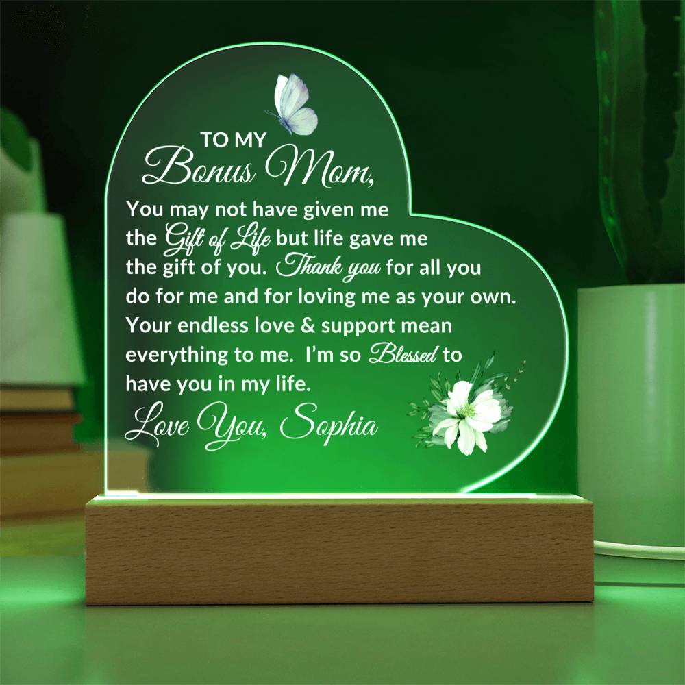 To My Bonus Mom LED Acrylic Heart Plaque