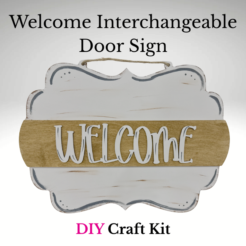 Wooden 'Welcome' door sign with interchangeable parts on a white background