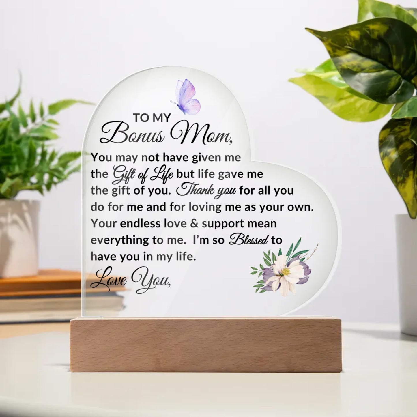 To My Bonus Mom LED Acrylic Heart Plaque