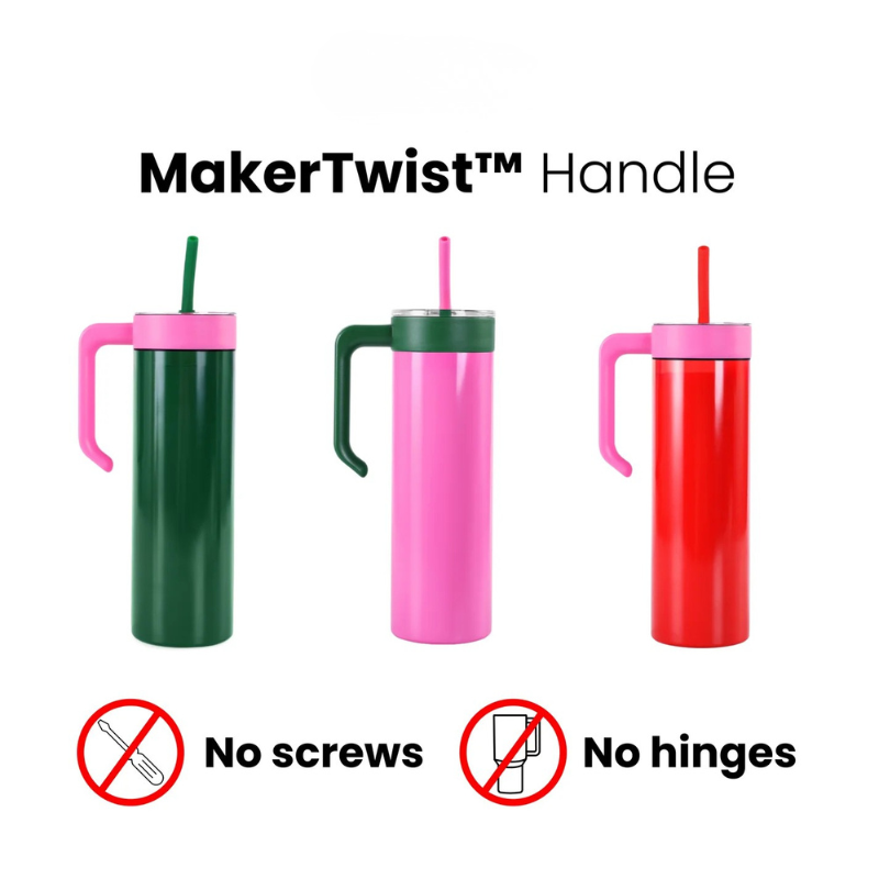 20oz stainless steel skinny tumbler with leak-proof twist handle by Jazzi’s Creations for promotional and business branding