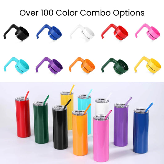 Personalized 20oz skinny tumbler with interchangeable handle options by Jazzi’s Creations for corporate swag and school spirit gifts