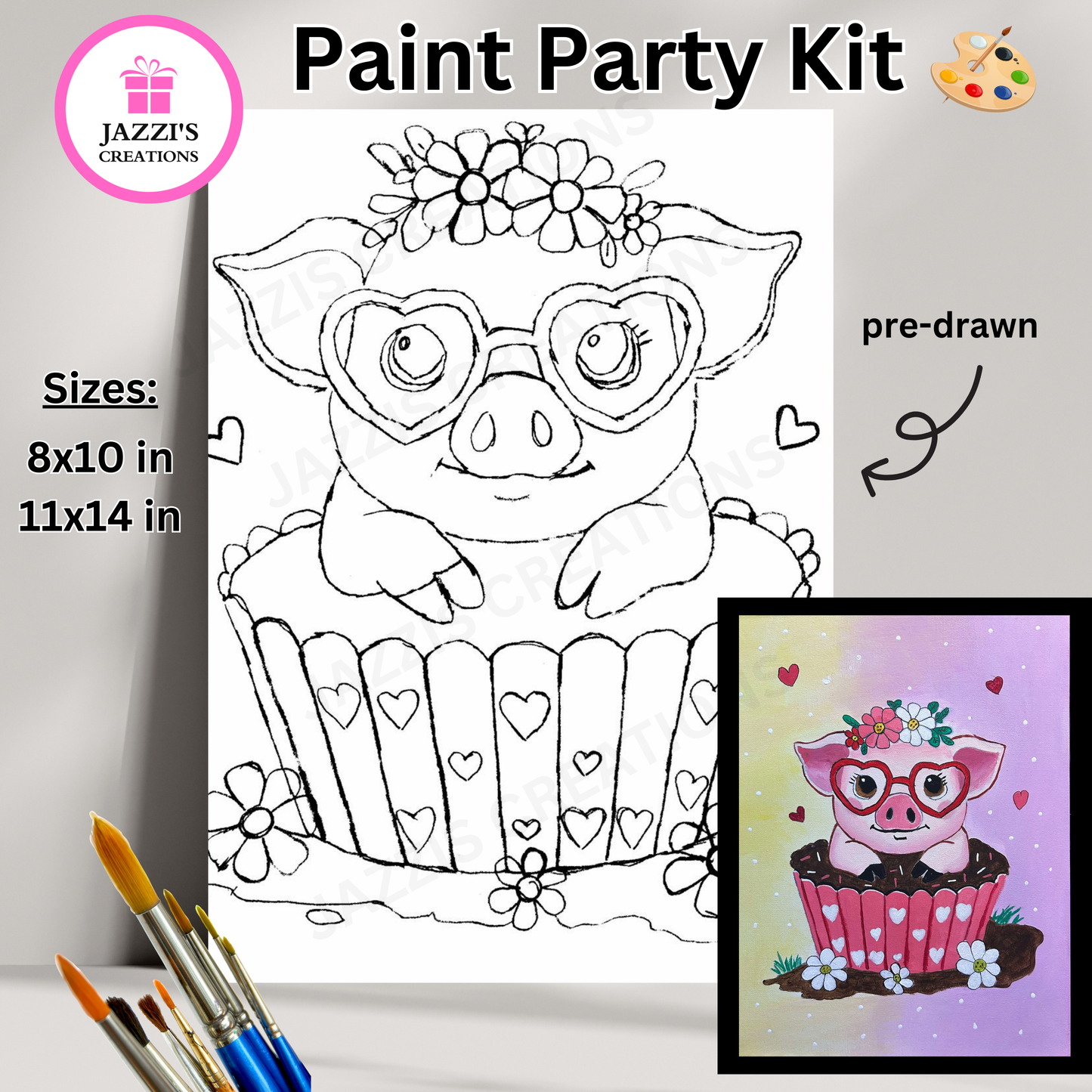 DIY Canvas Paint Party Kit - Cupcake Piggy