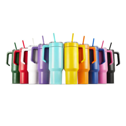 Row of colorful 40 oz tumblers with handles and straws in orange park, fl