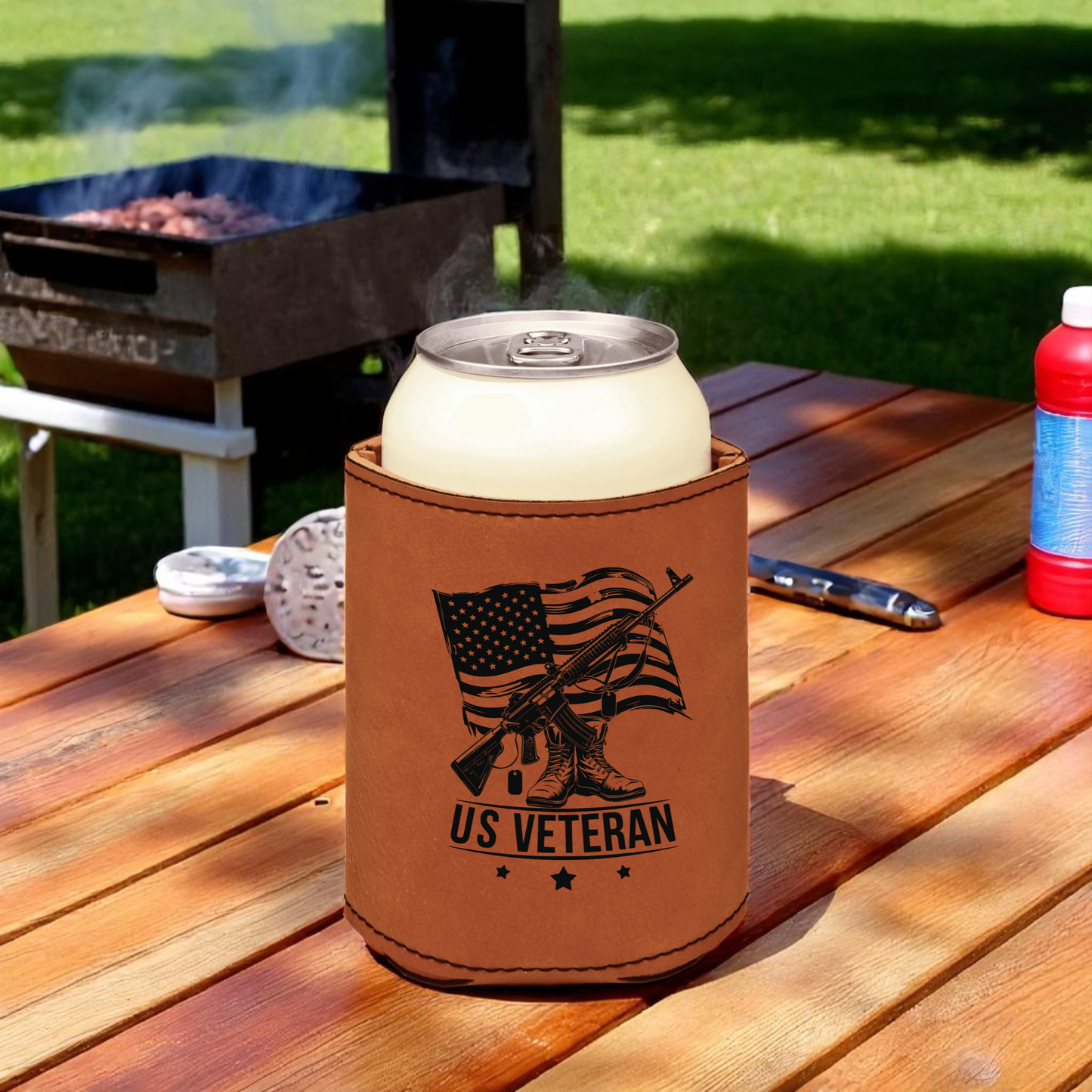 🔥 Personalized Leather Can Cooler for Dad, Veteran, or Fisherman – Custom Engraved Beer Sleeve 🎣🇺🇸🍺