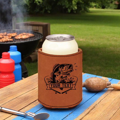 🔥 Personalized Leather Can Cooler for Dad, Veteran, or Fisherman – Custom Engraved Beer Sleeve 🎣🇺🇸🍺