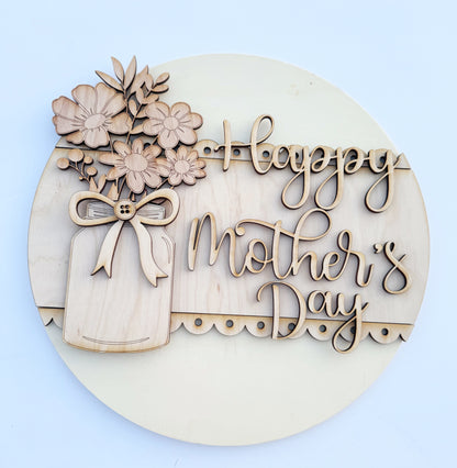 🌸 DIY Happy Mother’s Day Floral Door Hanger Kit – 14” Round Wood Sign for Crafting & Gifting
