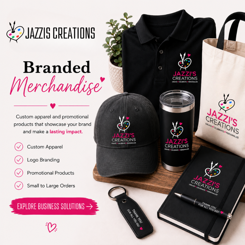 Branded merchandise promotional graphic for Jazzi’s Creations featuring custom embroidered apparel, logo tote bags, engraved tumblers, leather patch hats, notebooks, and promotional business products in black, white, and bright pink branding colors.