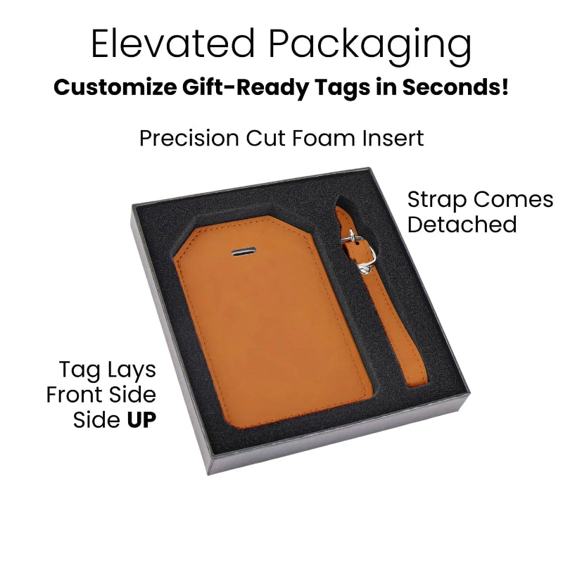 Brown leather luggage tag with strap in a packaging box, featuring text on elevated packaging at jazzis creations in orange park fl