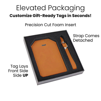 Brown leather luggage tag with strap in a packaging box, featuring text on elevated packaging at jazzis creations in orange park fl