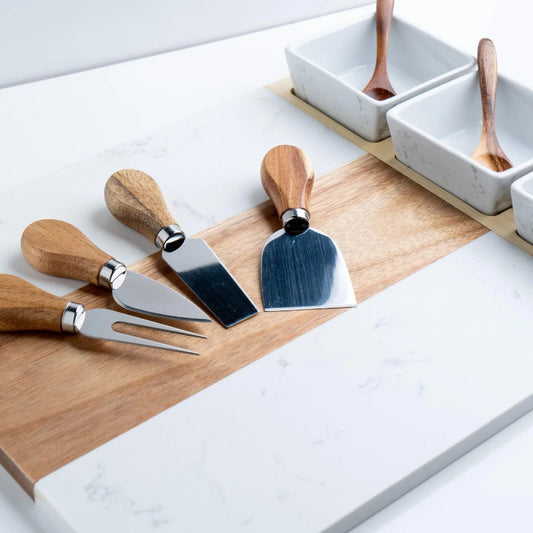 Personalized marble and acacia wood charcuterie board set with bowls and utensils by Jazzi’s Creations for luxury closing and corporate gifts