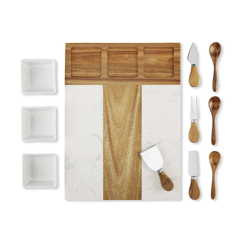 Luxury 11-piece marble and wood serving board set by Jazzi’s Creations for executive holiday and real estate gifting