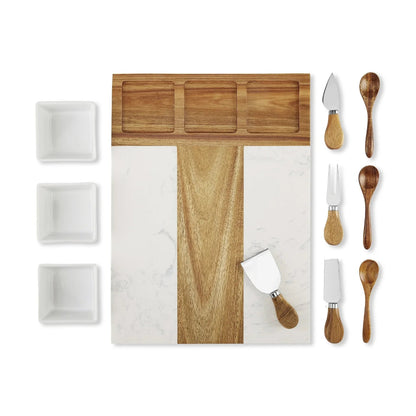 Luxury 11-piece marble and wood serving board set by Jazzi’s Creations for executive holiday and real estate gifting