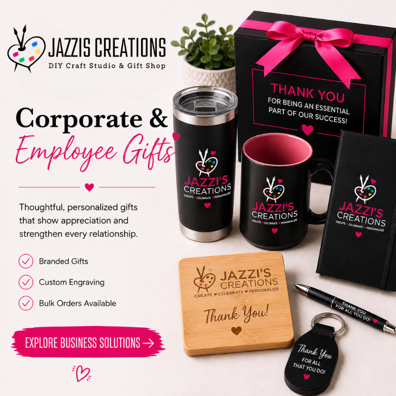 Corporate and employee appreciation gift graphic from Jazzi’s Creations featuring custom engraved tumblers, mugs, notebooks, gift boxes, wooden coasters, and personalized business gifts designed for employee recognition and client appreciation.