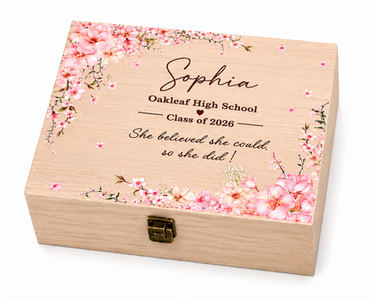 Custom wooden graduation keepsake memory box with floral graduate design and personalized engraving by Jazzi’s Creations